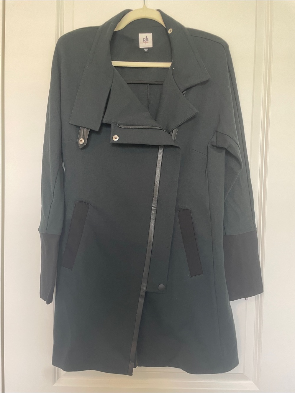 CAbi Deep Green Asymmetrical Zip Trench Coat